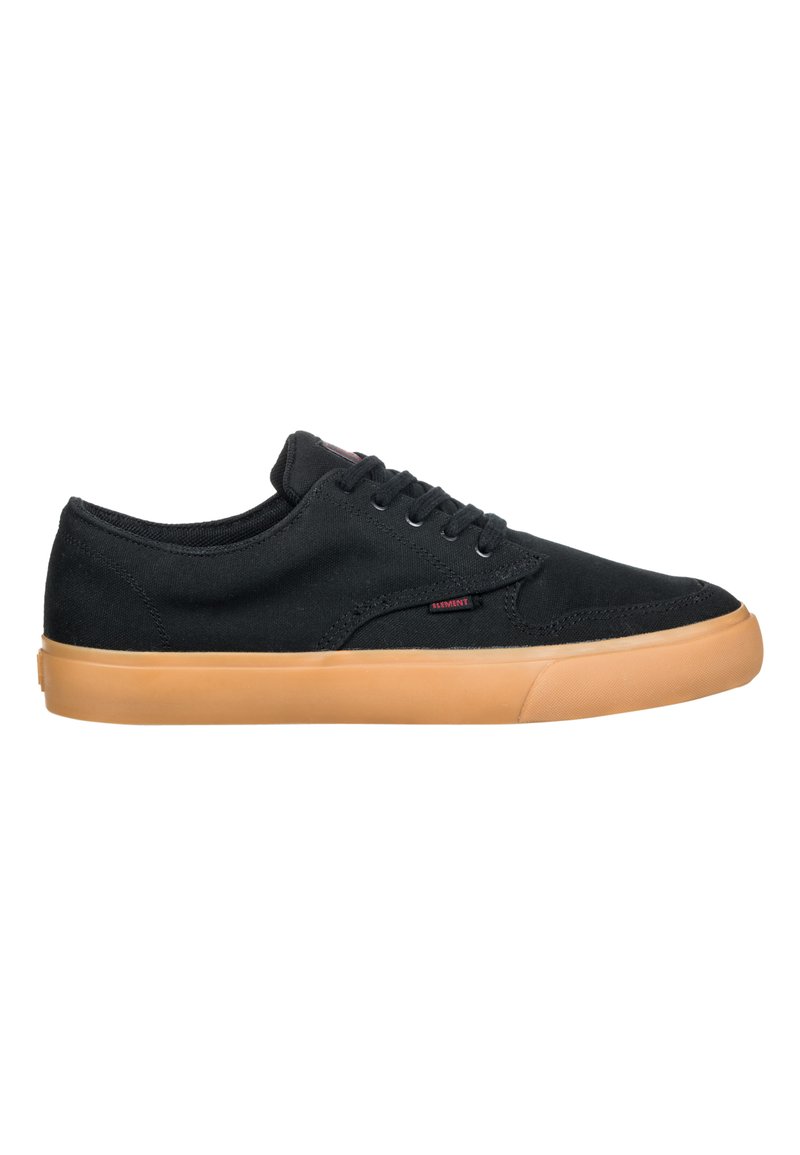 Schwarze Canvas-Sneaker mit runder Zehenpartie, Schnürdesign und kontrastierender Gummisohle. Verfügt über einen dezenten Logoakzent an der Seite.