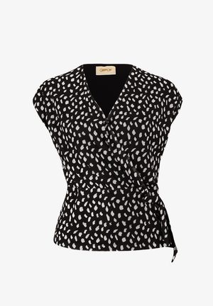 Sort wrap-top med korte ærmer, prydet med et hvidt abstrakt prikkemønster. Fremstillet af letvægtsstof med en knytedetalje i taljen.