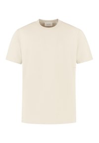 Crème korte mouwen t-shirt van zacht materiaal met een klassieke ronde hals en subtiele logo-detail op de linkermouw.