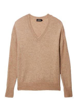 Pull beige en maille à manches longues avec col en V, poignets et ourlet côtelés, présenté à plat sur un fond blanc.