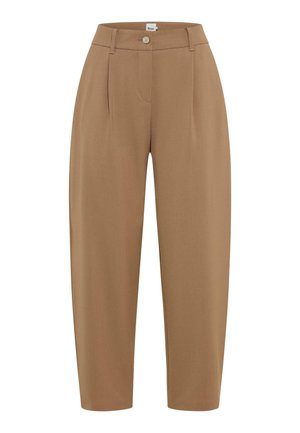 Maßgeschneiderte, hoch taillierte, konisch zulaufende Hose in Kamelbraun mit Gürtelschlaufen, vorderem Knopfverschluss und dezenten Falten an jeder Seite.