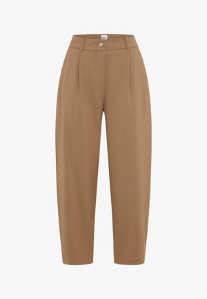 Maßgeschneiderte, hoch taillierte, konisch zulaufende Hose in Kamelbraun mit Gürtelschlaufen, vorderem Knopfverschluss und dezenten Falten an jeder Seite.