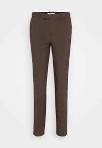 Brune, skreddersydde bukser med en jevn tekstur og rett ben-design. Har flat front og beltehemper, egnet for formell bruk.