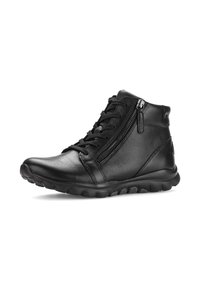 Bottines en cuir noir avec lacets sur le devant, fermeture éclair sur le côté et semelle rembourrée. Texture lisse et design à bout arrondi.