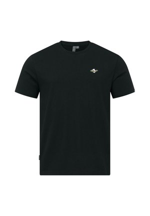 Schwarzes T-Shirt mit kurzem Arm und Rundhalsausschnitt, mit einem kleinen, mehrfarbig gestickten Emblem auf der linken Brust.