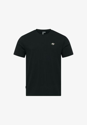 Czarny, krótki rękaw, t-shirt z okrągłym dekoltem, z małym, wielokolorowym haftowanym emblematem na lewej piersi.