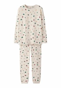 Langærmet kremfarvet pyjamasæt med et festligt print af træer, gaver og slikstænger over det hele. Blødt stof med elastiske manchetter og talje.