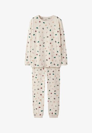 Langärmeliges Creme-Pyjama-Set mit ganzflächigem festlichem Druck von Bäumen, Geschenken und Zuckerstangen. Weicher Stoff mit elastischen Bündchen und einem elastischen Bund.