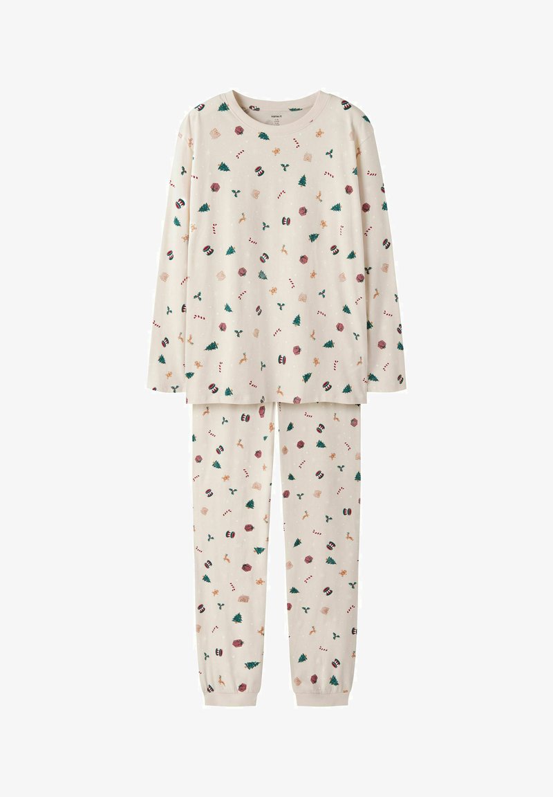 Langærmet kremfarvet pyjamasæt med et festligt print af træer, gaver og slikstænger over det hele. Blødt stof med elastiske manchetter og talje.