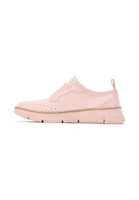 Light pink athletic shoes with a breathable knit upper and a textured design. Features a cushioned sole and a pull tab at the heel.