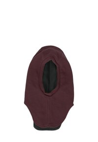 Donker bordeauxrood gebreide balaclava met een enkele gezichtsopening en een zwarte voering aan de binnenkant, ontworpen voor volledige bedekking van hoofd en nek.
