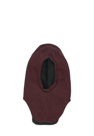 Dunkelmaroon gestrickte Balaclava mit einer einzigen Gesichtsöffnung und schwarzem Futter innen, entworfen für vollständige Kopf- und Halsabdeckung.