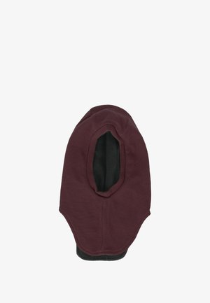 Donker bordeauxrood gebreide balaclava met een enkele gezichtsopening en een zwarte voering aan de binnenkant, ontworpen voor volledige bedekking van hoofd en nek.