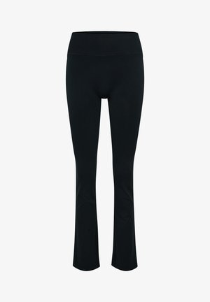 Sorte leggings lavet af strækbart stof med høj talje, der har flagrende bund og en glat overflade uden mønstre eller accenter.