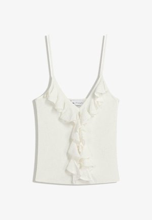 Weißes ärmelloses Oberteil mit V-Ausschnitt, das in der Mitte mit Rüschendetails verziert ist. Hergestellt aus einem weichen, strukturierten Stoff.