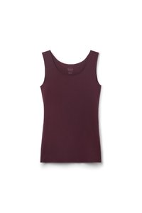 Burgundy tank top made of soft, stretchy fabric. Features wide straps, a rounded neckline, and a streamlined design with no visible patterns.