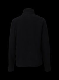 Giacca in fleece nera a maniche lunghe con colletto alto, mostrata da dietro su uno sfondo nero uniforme.