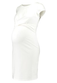 Weißes Umstandskleid mit figurbetontem Schnitt, kurzen Ärmeln und gedrehtem Vorderteil. Glatter Stoff bietet eine weiche Textur und Stretch.