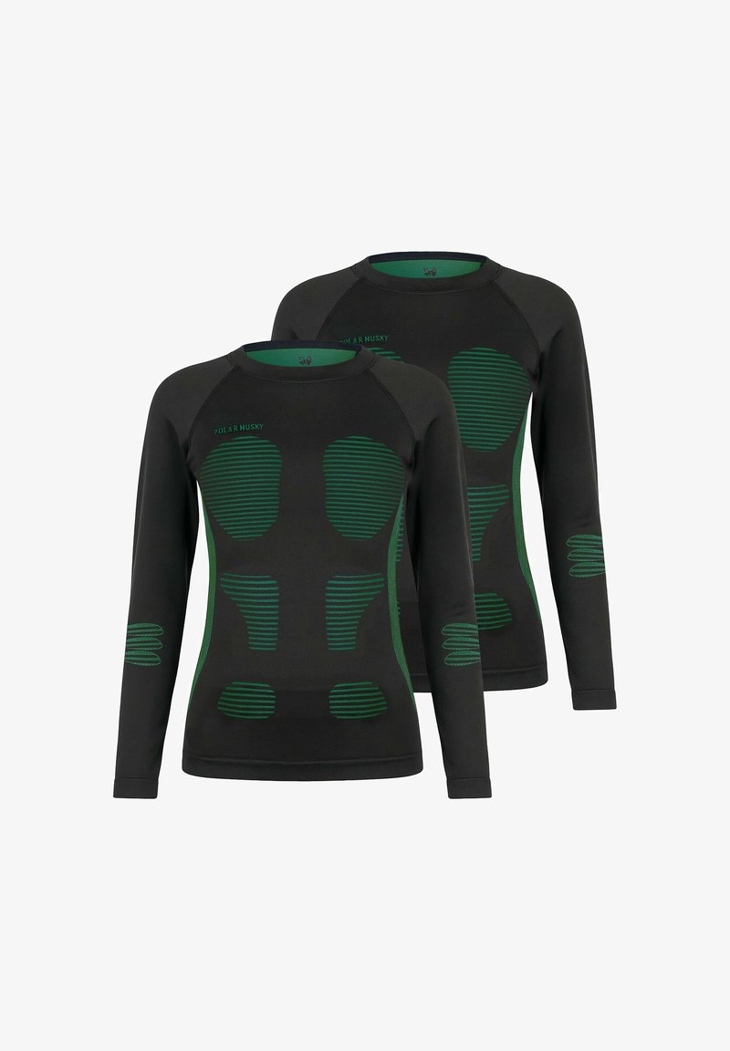 Black long-sleeve thermal shirts featuring green horizontal striped pattern across the front and sides. Made of stretchy, breathable material.