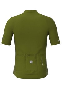 Maillot de cyclisme vert olive à manches courtes avec trois poches arrière, logos discrets sur les manches et texte "ICON | Intrinsic" sur le côté droit au dos.