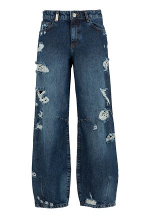 Modré riflové nohavice širokého strihu s vysokým pásom, s viacerými roztrhnutými dierami a ošúchanými detailmi vpredu a na nohaviciach.