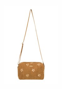 Braune Corduroy-Schultertasche mit floraler Stickerei, rechteckiger Form und einem langen, verstellbaren Tragegurt. Logo auf der Vorderseite angebracht.