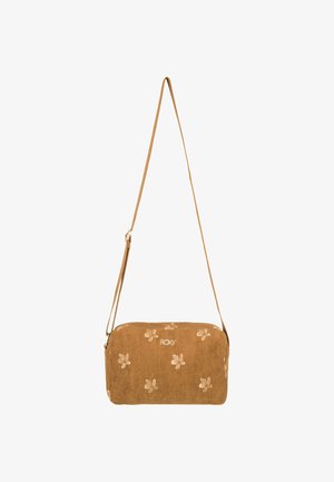 Bruine corduroy schoudertas met bloemmotieven, rechthoekige vorm en een lange verstelbare schouderband. Logo op de voorkant weergegeven.