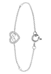 Zilveren armband met een hartvormige bedel met een oneindigheidssymbool, versierd met kleine, ronde heldere edelstenen en een sluiting met een kreeftenhaak.