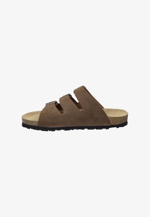 Brown suede slide sandal with three cut-out straps, cork footbed, and textured black rubber outsole. Simple, open design for easy wear.