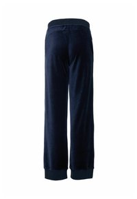 Navyblauwe velours loungebroek met elastische tailleband en boorden, van achteren getoond op een witte achtergrond.