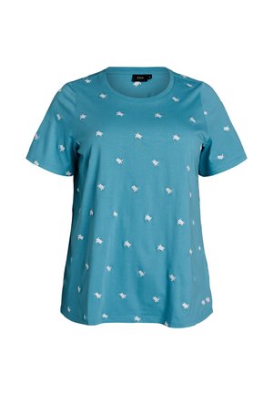 Blue short-sleeve T-shirt with round neckline, decorated with small white turtle patterns evenly scattered across the fabric.