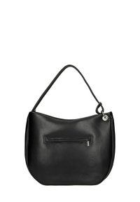 Borsa a spalla in pelle nera con forma curva, dotata di una tasca frontale con zip e un manico singolo con dettagli in metallo argentato.
