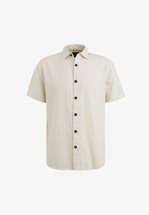 Camisa de manga corta, color beige, con un sutil patrón a cuadros, botones negros en el frente y un cuello puntiagudo. Textura suave.