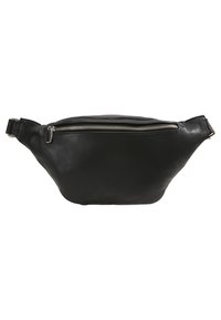 Marsupio in pelle nera con una texture liscia, forma curva e chiusura con zip argentata. Dotato di una singola tracolla regolabile.
