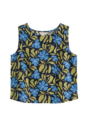 Granatowy top bez rękawów z zielonymi liśćmi i niebieskim kwiatowym wzorem, okrągłym dekoltem i prostym dołem.