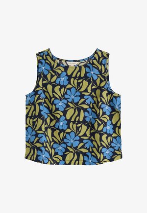 Hihaton tummansininen paita, jossa vihreitä lehtiä ja sininen kukkakuvio, pyöreä pääntie ja suora helma.