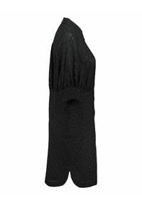 Vestito corto nero a maniche corte con motivo di pizzi, colletto rotondo e spalle arricciate, dal taglio dritto, realizzato in tessuto testurizzato.