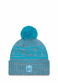 Türkisfarbenes Beanie mit einem Pompon oben, featuring einem grauen gerippten Bund und dem NFL-Logo, das auffällig angezeigt wird. Das Strickmuster enthält den Text "DOLPHINS".