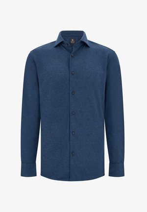 Heren overhemd met lange mouwen, met knopen in marineblauw met een klassieke kraag en zwarte knopen, van katoen met een gebreide textuur.