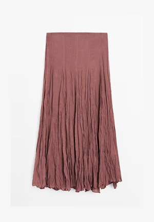 Mauve plissierter Midirock mit gekräuselter Struktur und leicht ausgestelltem Saum, flach auf weißem Hintergrund liegend.