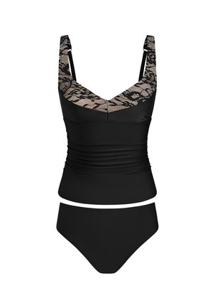 Crni dvodijelni kupaći kostim s gornjim dijelom u obliku majice s bojlerom koji ima čipkaste detalje na trakama i gornjem dijelu prsa, te gaćicama visokog struka.