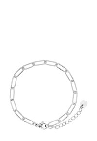 Bracciale in metallo argento con maglie a catena allungate, chiusura a moschettone e catena regolabile con un dettaglio a ciondolo rotondo.