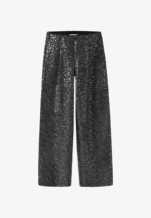 Crne hlače širokih nogavica prekrivene šljokicama, s glatkim pojasom i labavim krojem. Sjajna tekstura s efektom sjajnosti po cijeloj površini.