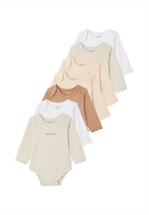Set of six long-sleeve baby bodysuits in white, beige, brown, and off-white, one with "dimanche" embroidery on front.