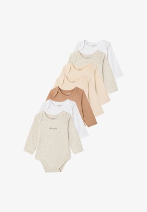Set aus sechs langärmeligen Baby-Bodys in Weiß, Beige, Braun und Off-White, eines mit "dimanche" Stickerei auf der Vorderseite.