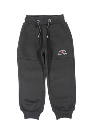Pantaloni della tuta neri con vita e polsini elastici, coulisse, due tasche frontali e piccolo logo bianco sulla tasca sinistra con la scritta Lee Cooper London England.