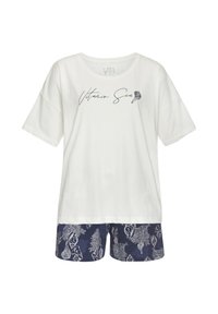 Weißes Baumwoll-T-Shirt mit dem Aufdruck "Vitamin Sea", kombiniert mit navyfarbenen Shorts mit einem Muschelmustern in Weiß. Kurze Ärmel, lockere Passform.