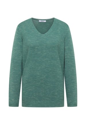 Grön långärmad v-ringad tröja gjord av texturerat stickat tyg med subtila ränder. Har en avslappnad passform och en enkel, ren design.