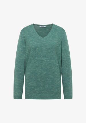 Zielony sweter z długim rękawem i dekoltem w serek, wykonany z teksturowanej dzianiny z subtelnymi paskami. Posiada luźny krój i prosty, elegancki design.