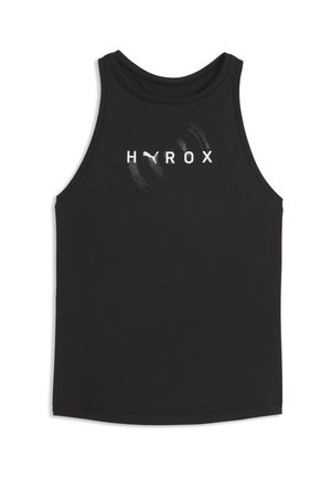 Canotta sportiva nera senza maniche con la scritta "HYROX" stampata in bianco sul petto e il logo Puma che sostituisce la lettera Y.
